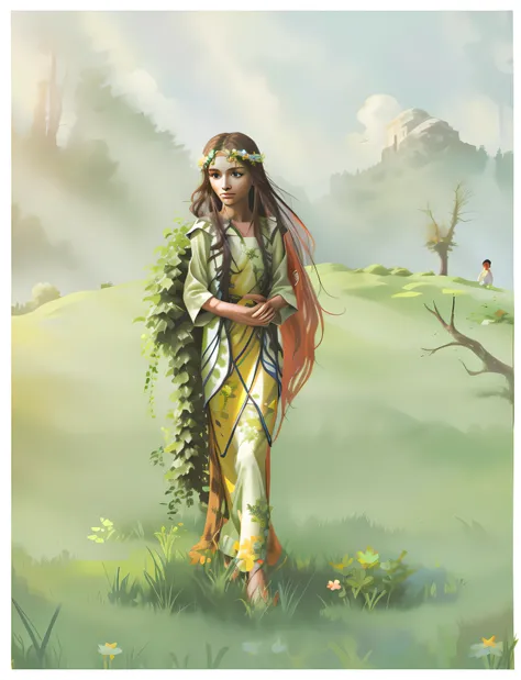 In the field stood a woman with long hair, fey queen of the summer forest, druid goddess, goddess of the forest, goddess of nature, Beautiful female druids, Earth goddess mythology, spring goddess, queen of nature, a female druid, persephone in spring, Dry...
