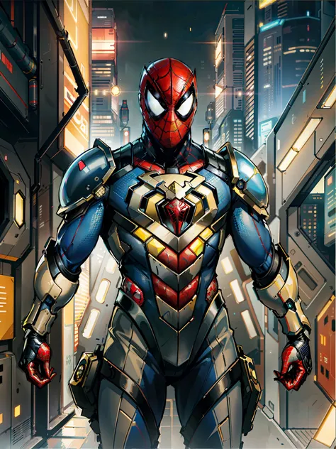 dxhr style mid shot of spiderman, male costume with faceted triangular fractal pattern yellow accents, sleek scifi armor