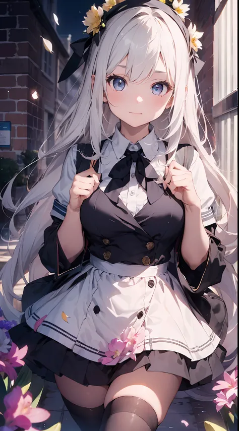 1girl, beautiful detailed eyes, long white hair, light grey eyes, school uniform, high black stocking, vivid, flower, daffodil, hyacinth, falling petals, , high contrast, ((masterpiece, best quality)), cinematic light, cinematic composition