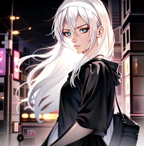 blue-eyed anime girl walking down the street at night, style of anime4 k, perfect white haired girl, realistic anime artstyle, g...