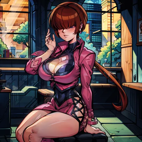 90s, 80s, retro art style, retro anime style, 1girl, shermie (kof),shermie (the king of fighters),shermie (kof), shermie, shermie_(kof)_(cosplay), earrings, brown hair,hair over eyes, long hair, long sleeves, thighs, knee boots, cleavage, cleavage cutout, ...