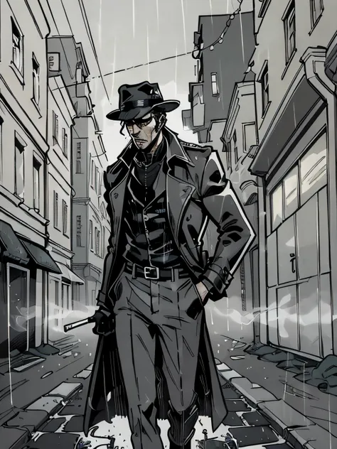 (noir comics-style illustration:1.2),(st. petersburg:1.1), black and white, high contrast, gritty, gloomy, raining, moody, detec...