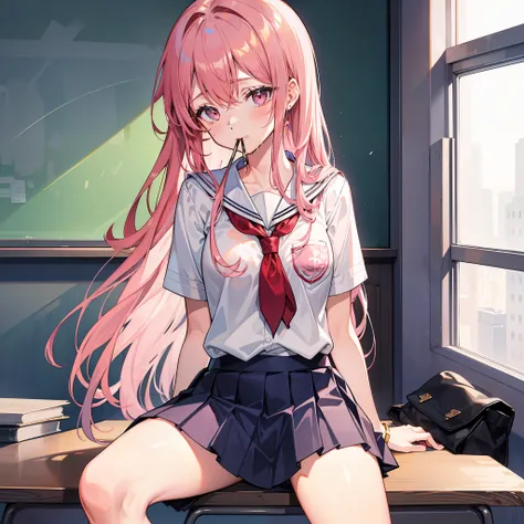 1 long hair,girl wearing school uniform,Take off your short skirt,Pink hair,looks away,Sit and open your crotch,embarressed,Be red in the face,weeping,Mouth closed,Classroom(Girl leaking urine)