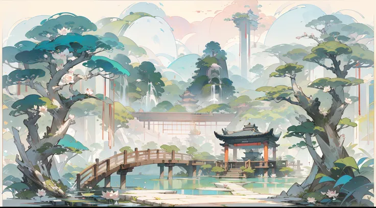 Antique game scene design,big trees,florals,Lotus architecture,Floating table,A blue sky,White cloud,Chinese ink painting OC rendering sculpture