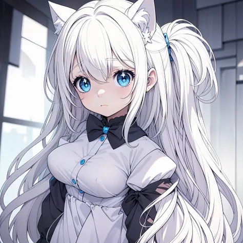 anime girl with long hair and blue eyes with white bow+white cat girl+[adolable、big breasts beautiful、cat ears]+white-haired fox...