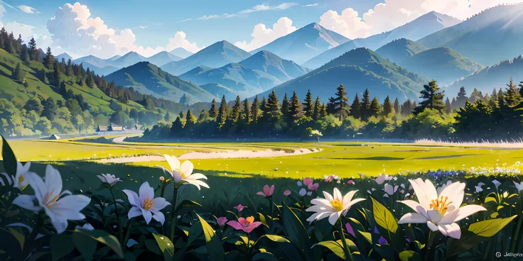 Masterpiece, Best quality, 8K, Wide-angle view, Sea, on a grassy field, flower sea, (bamboo forrest), in a spring,