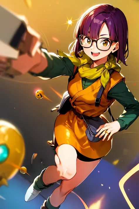 lucca, 1girl, solo, purple hair, short hair, helmet, glasses, standing, yellow scarf, vest, smile, machinery, indoors, akira tor...