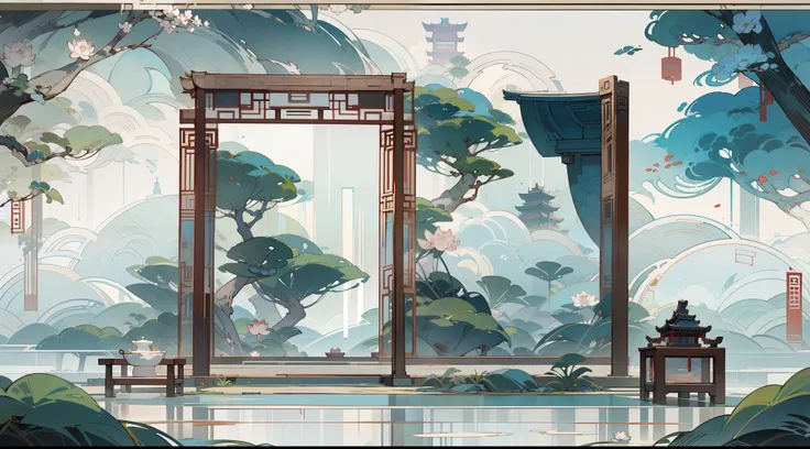 antique game scene design，big trees，florals，lotus architecture，floating table，a blue sky，white cloud，chinese ink painting oc ren...