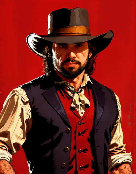 r3dd34dstyle, digital portrait, john marston, facial hair, cowboy hat, vest, sponsorship, red background