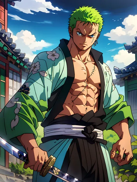 roronoa zoro (masterpiece, 4k resolution, ultra-realistic, very detailed), (theme of white samurai, charismatic, there is a swor...