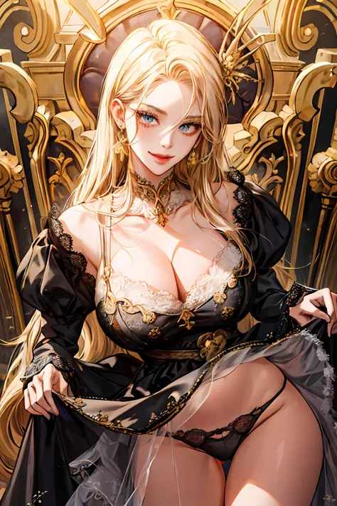 fantasy-style, 1girl, solo, masterpiece, best quality, detailed face, face focus, evil smile, long eyelashes, looking at viewer, dress, big breast, (cleavage), golden, jewelry, standing, (skirt lift), lace trimmed panties, (thong:1.2), shiny skin,