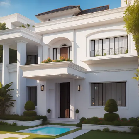 Five-storey villa,With terrace,Garden in front of the door,Winding paths,two point perspective,positive angle