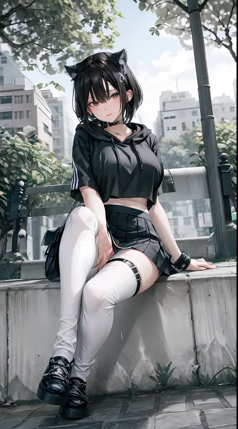 1 beautiful tomboy girl with big breasts, open hoodie, black sport bra,white long pants, black short skirt, sitting in park benc...