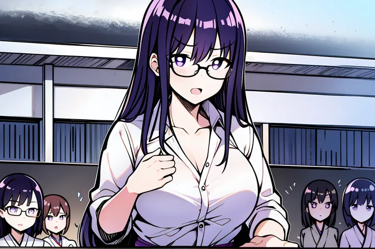 a black silky hair、purple pupils、japanese anime woman with glasses，young female teachers，wear casual black and white clothes，the...