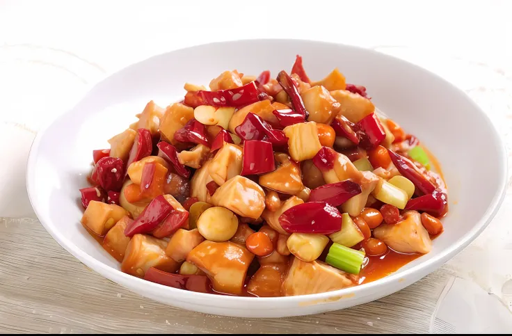 Best quality, 超高分辨率, Ultra-detailed,Gong Bao Chicken Diced,There is diced chicken、Shredded carrots、Green peas,Dried chili peppers