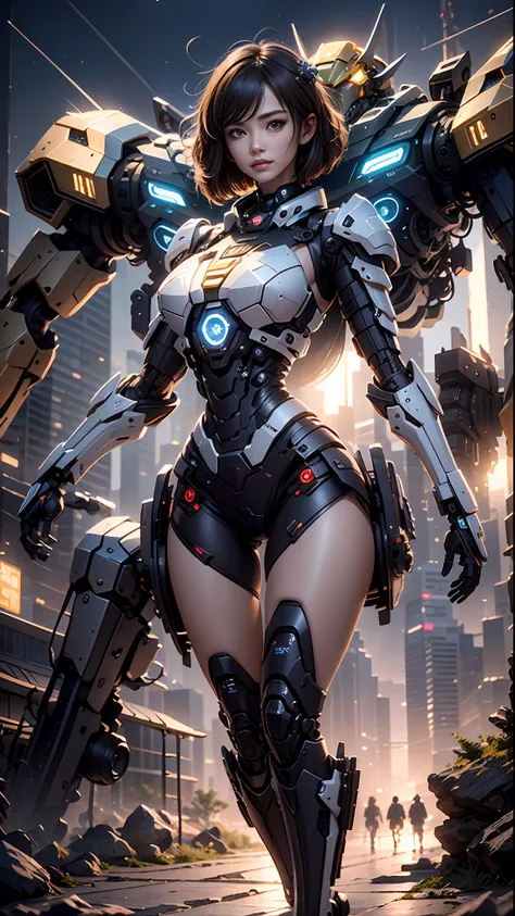 ((melhor qualidade)), ((obra-prima)), (muito detalhado: 1.3), ..3d, shitu-mecha, bela mulher cyberpunk usando coroa com seu mech...