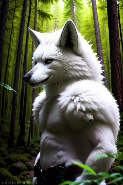 raw photo, werecreature, werewolf, white fur, large head, in a forest, 80mm, f/1.8