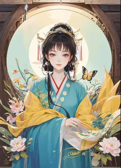 masterpiece, high quality,1girl,looking at viewer,east asian architecture,moon,butterfly, upper body,