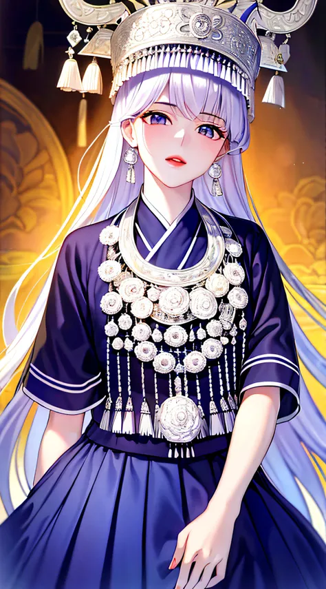 tmasterpiece, Best quality at best, G1A2S, with a pure white background,Background woman has nothing((((full bodyesbian)))), Hmong,garments、head gear、耳Nipple Ring,HD fingers,Real hands,A high resolution
