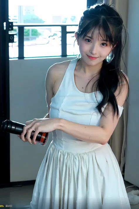 Highest quality,hyper realisitc,Beautuful Women,black color hair,white dresses,Leaky calves,pigtails,15year old,first love,the setting sun,In the room,Learn