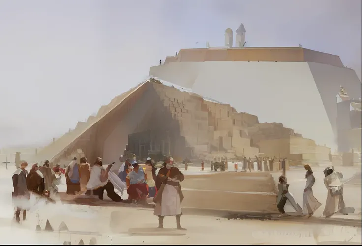 pintura de um grupo de homens trabalhando em uma grande estrutura, ancient megastructure pyramid, Directed by: Caroline Gotch, Directed by: John Atherton, Directed by: David Roberts, Directed by: Richard Mortensen, historical artistic depiction, ancient py...