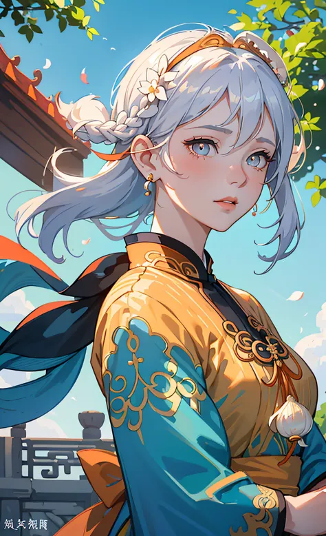 mature girl, orange pupils, blue-white hair color, floating hair, delicate and flexible eyes, intricate damask hanfu, gorgeous a...