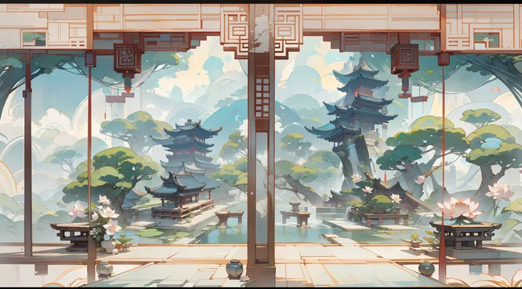 antique game scene design，big trees，florals，lotus architecture，floating table，surrounded by cloud，a blue sky，white cloud，chinese...