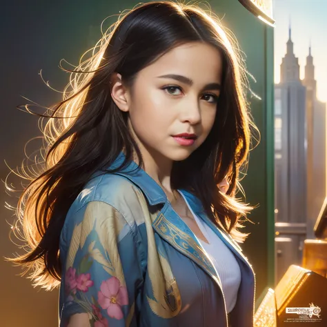 Masterpiece, girl, age 10, backlighting, realistic portrait, symmetrical design, strong, intricate, highly detailed, digital painting, station art, concept art, fluid, sharp focus, illustration, cinematic lighting, artwork Artgerm e Greg Rutkowski and Alph...