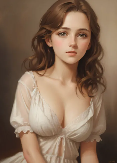 1girl, beautiful teenage girl, very small breasts, short wavy brown hair, portrait, oil painting, modern, realistic proportions, intricate, intricate details, sharp focus
