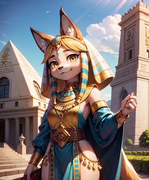 tmasterpiece,Best quality at best,Animal anthropomorphism,A Catwoman,exteriors,hdr,blue-sky,rays of sunshine,Pyraminds perfect glow,animal nose,独奏,detail fur,epic movie concept adorable,Egyptian attire,looking at viewert,Sheli,anthro lynx