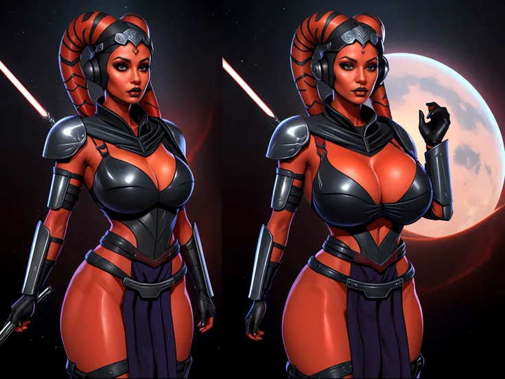 sequential art, multiple views, masterpiece, best quality, armor, busty, massive tits, gigantic boobs, huge cleavage, ((red skin), twilek), dual red lightsabers, evil space knight, space ninja, (wearing heavy black armor, robes, black stealth armor, hip ar...
