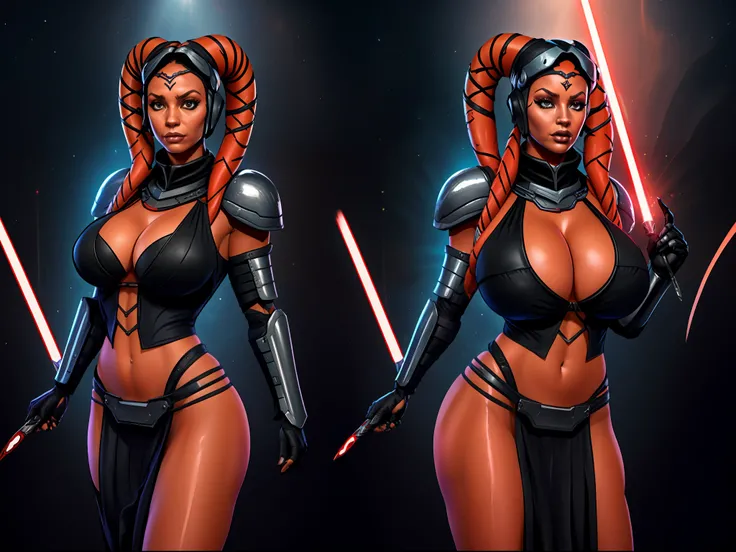 sequential art, multiple views, masterpiece, best quality, armor, busty, massive tits, gigantic boobs, huge cleavage, ((red skin), twilek), dual red lightsabers, evil space knight, space ninja, (wearing heavy black armor, robes, black stealth armor, hip ar...