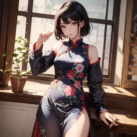 1girl in, (((shorth hair))), Bright cheongsam, Longer dress、(masterpiece, top-quality, Near and far law), beautiful expression, 8K, Raw foto, nffsw, Photorealsitic, film grains, chromatic abberation, hight resolution, ultra-detailliert, finely detail, 动态照...