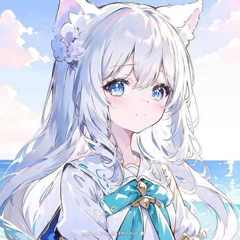 "cute anime girl with long white hair and blue eyes wearing a bow，anime catwoman with cat ears and white-haired fox，beautiful wh...