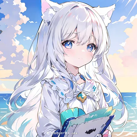 "cute anime girl with long white hair and blue eyes wearing a bow，anime catwoman with cat ears and white-haired fox，beautiful wh...