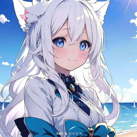 "cute anime girl with long white hair and blue eyes wearing a bow，anime catwoman with cat ears and white-haired fox，beautiful wh...