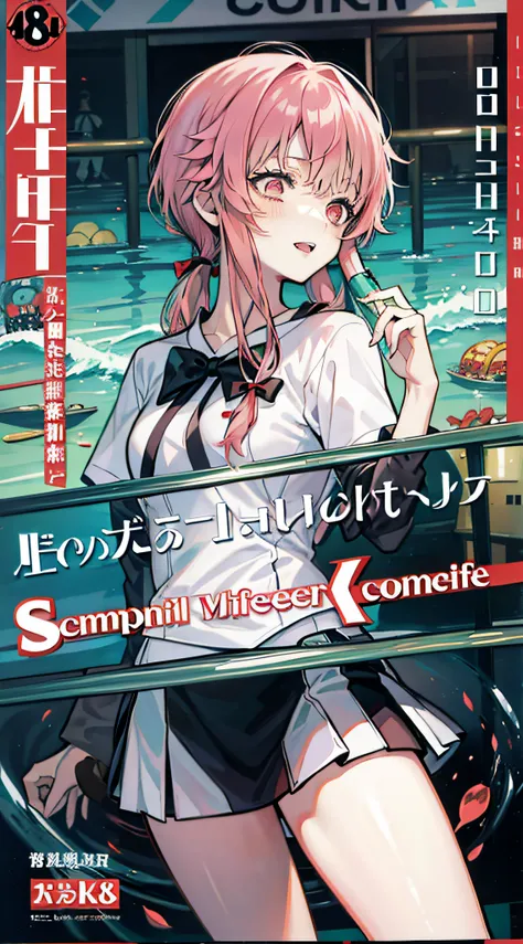 Kasai Yuno,校服，White shirt，Late on hand，Sick expression，ssmile，Ocean park，With a hint of life，Ocean park，Comic cover style，Comic cover title,8K
