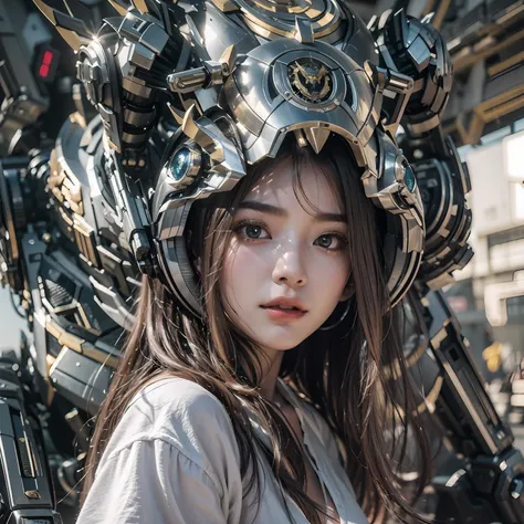 1girll,Big eyes,Perfect facial features,With a mecha helmet,mechs,Photorealsitic,Metallic,sitting on a stool,eyes looking at the lens,Lips slightly open,There is a mecha dragon behind him,Dragon,best qualtiy,c4d渲染,rendering by octane,Cinematic quality,tmas...
