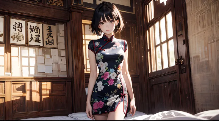 1girl in, (((shorth hair))), Bright cheongsam, Longer dress、(masterpiece, top-quality, Near and far law), beautiful expression, 8K, Raw foto, nffsw, Photorealsitic, film grains, chromatic abberation, hight resolution, ultra-detailliert, finely detail, 动态照...