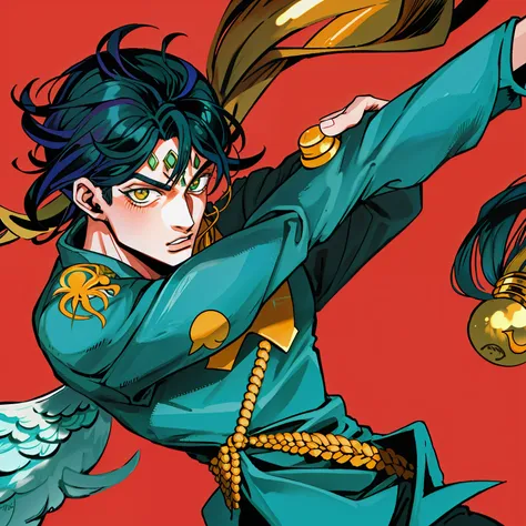 ouro, ((foco apenas)), Closeup, ((Arakistyle)) ((vestir)), usando terno preto, mid hair, Homem, split lips, Posando, Phoenix IkkI, cavalheiros do zodico, Jojo:0.9, illustration, arte linear, bold coloration, obra-prima, Manga art, melhor qualidade, digitis...
