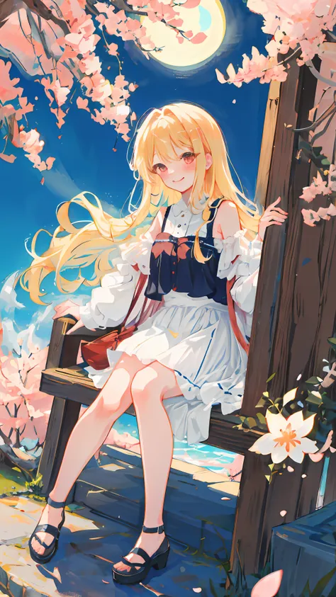 blonde, red eyes, girl alone, cropped shoulders, sitting, moon and cherry blossoms on background, sexy, blush, smiling