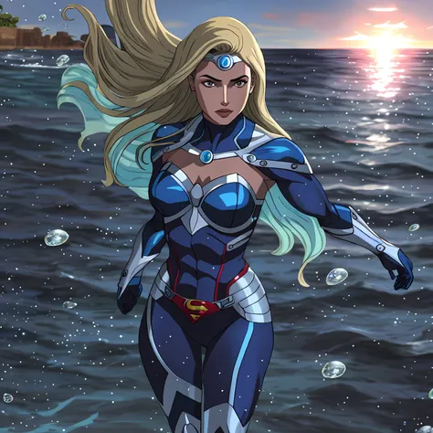 superheroine queen of oceans, cabelo branco, mulher musculosa, vestindo uma armadura pesada azul, poderosa, rosto bonito, deusa ...