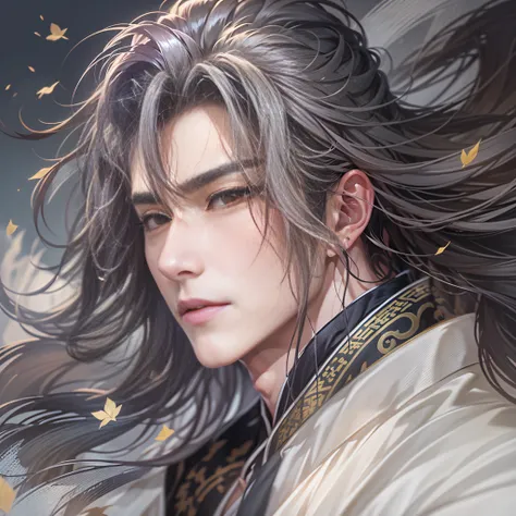 a close up of a person with long hair and a white shirt, handsome guy in demon slayer art, cai xukun, beautiful androgynous prin...