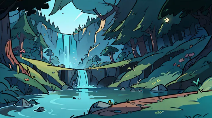 (floresta com um lindo lago de aguas cristalinas, estilo cartoon, no estilo de gravityfalls, melhor qualidade, 8k, no estilo de ...