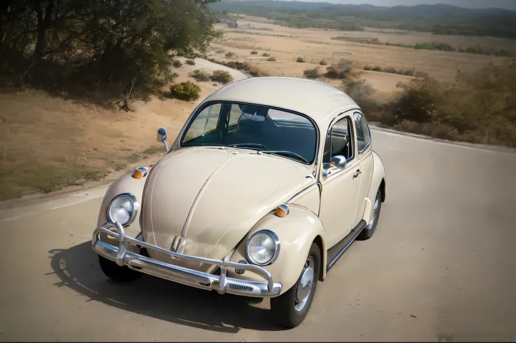 analog gloomy photo of a (dark red) Volkswagen Beetle car, ((three quarter view)), (dark sunset), driving on a dirt road, (dilapidated town), 1969, ((horror movie)), slasher film, texas chainsaw massacre, amish cult, film grain, retro, High Detail, Sharp ...