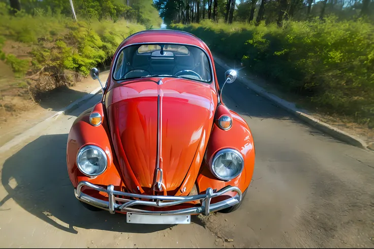 analog gloomy photo of a (dark red) Volkswagen Beetle car, ((three quarter view)), (dark sunset), driving on a dirt road, (dilapidated town), 1969, ((horror movie)), slasher film, texas chainsaw massacre, amish cult, film grain, retro, High Detail, Sharp ...