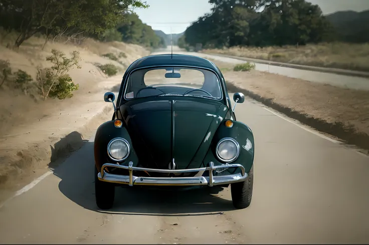 analog gloomy photo of a (dark red) Volkswagen Beetle car, ((three quarter view)), (dark sunset), driving on a dirt road, (dilapidated town), 1969, ((horror movie)), slasher film, texas chainsaw massacre, amish cult, film grain, retro, High Detail, Sharp ...