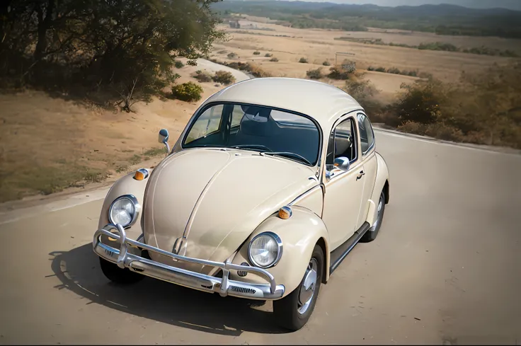 analog gloomy photo of a (dark red) Volkswagen Beetle car, ((three quarter view)), (dark sunset), driving on a dirt road, (dilapidated town), 1969, ((horror movie)), slasher film, texas chainsaw massacre, amish cult, film grain, retro, High Detail, Sharp ...