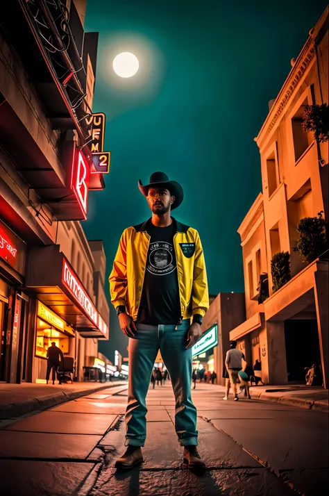 cinematic still shot, 1 man,  tshirt, punk hair style, yellow jacket, cyberpunk, moon surface, sand storm,  midnight, neon light...