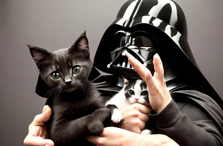 Darth_Vader holding a cute kitten in each hand, com uma nave espacial ao fundo
